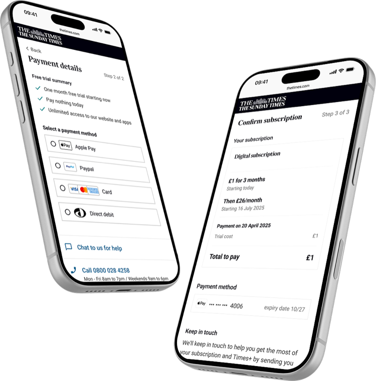 Two screens from the redesigned Times checkout: payment method selection and subscription confirmation