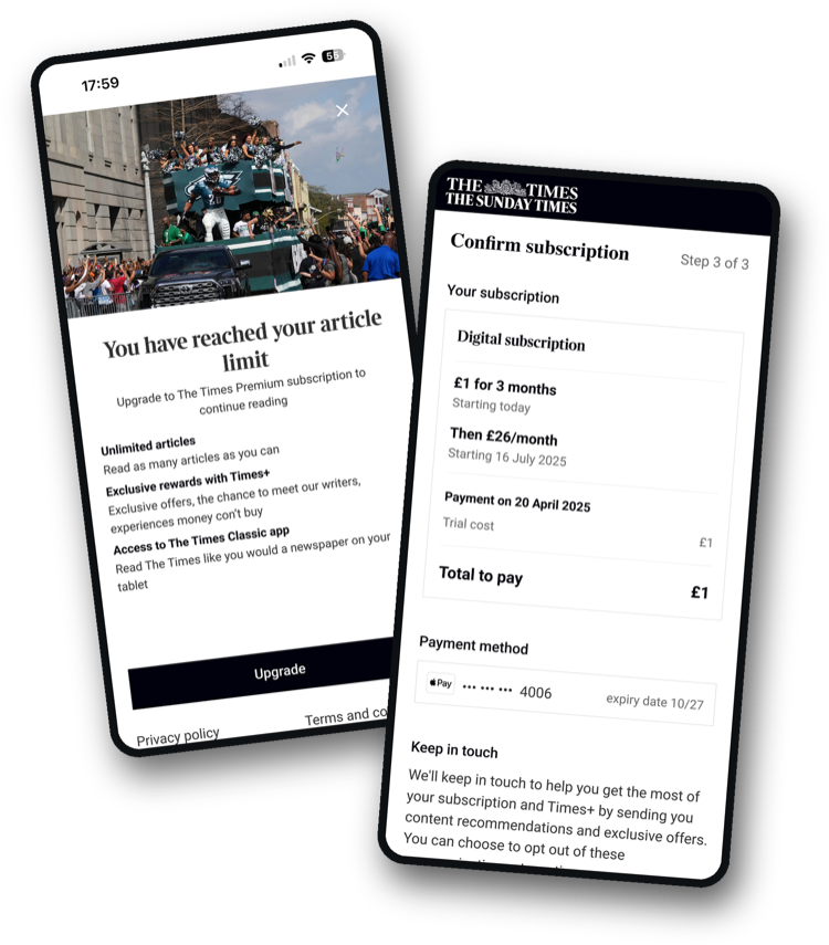 Two screens from the redesigned Times entitlements experience: an article limit blocker and an upgrade confirmation