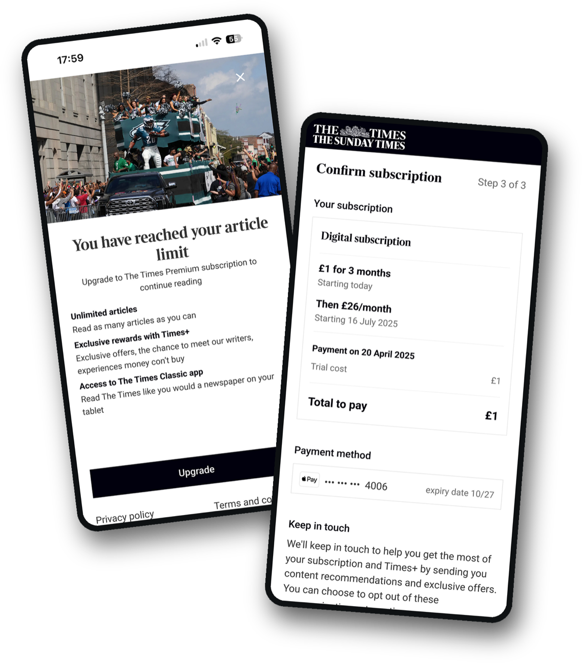 Two screens from the rebuilt Times subscription system: a feature blocker prompting an upgrade, and the upgrade confirmation with a full price breakdown