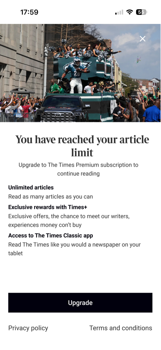 Full-screen paywall listing what an upgrade unlocks