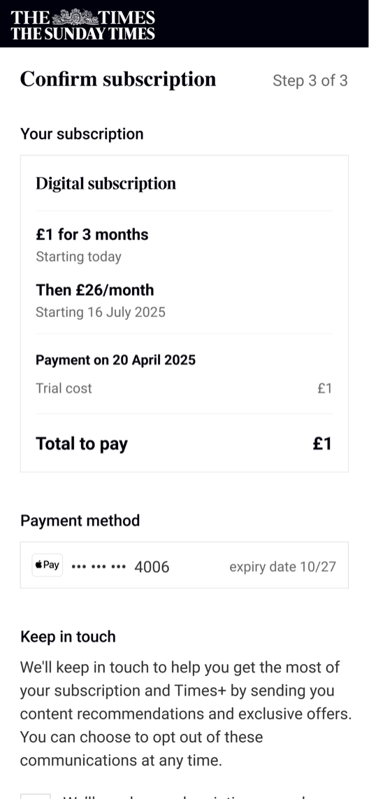 Final confirmation screen with a full breakdown of what is paid and when