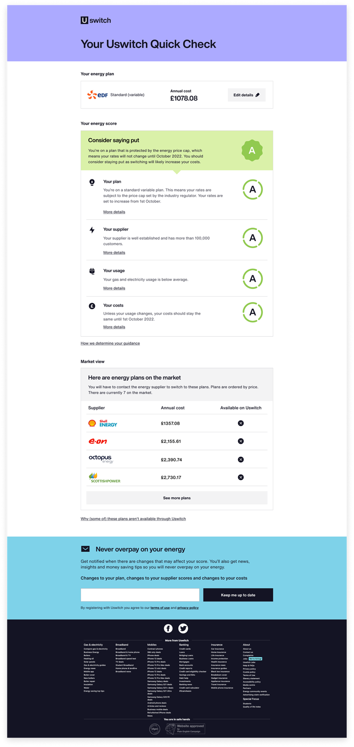 The Quick Checker on desktop: the same energy plan, score, market view and sign-up, laid out for a wider screen