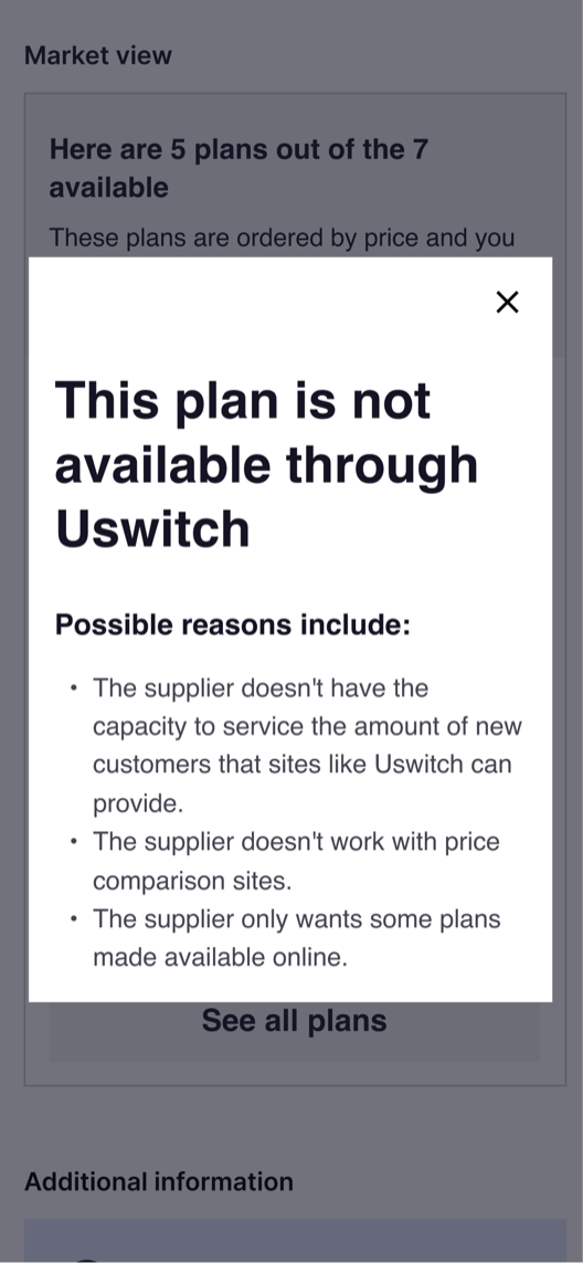 A modal explaining why a specific supplier's plan isn't available through Uswitch