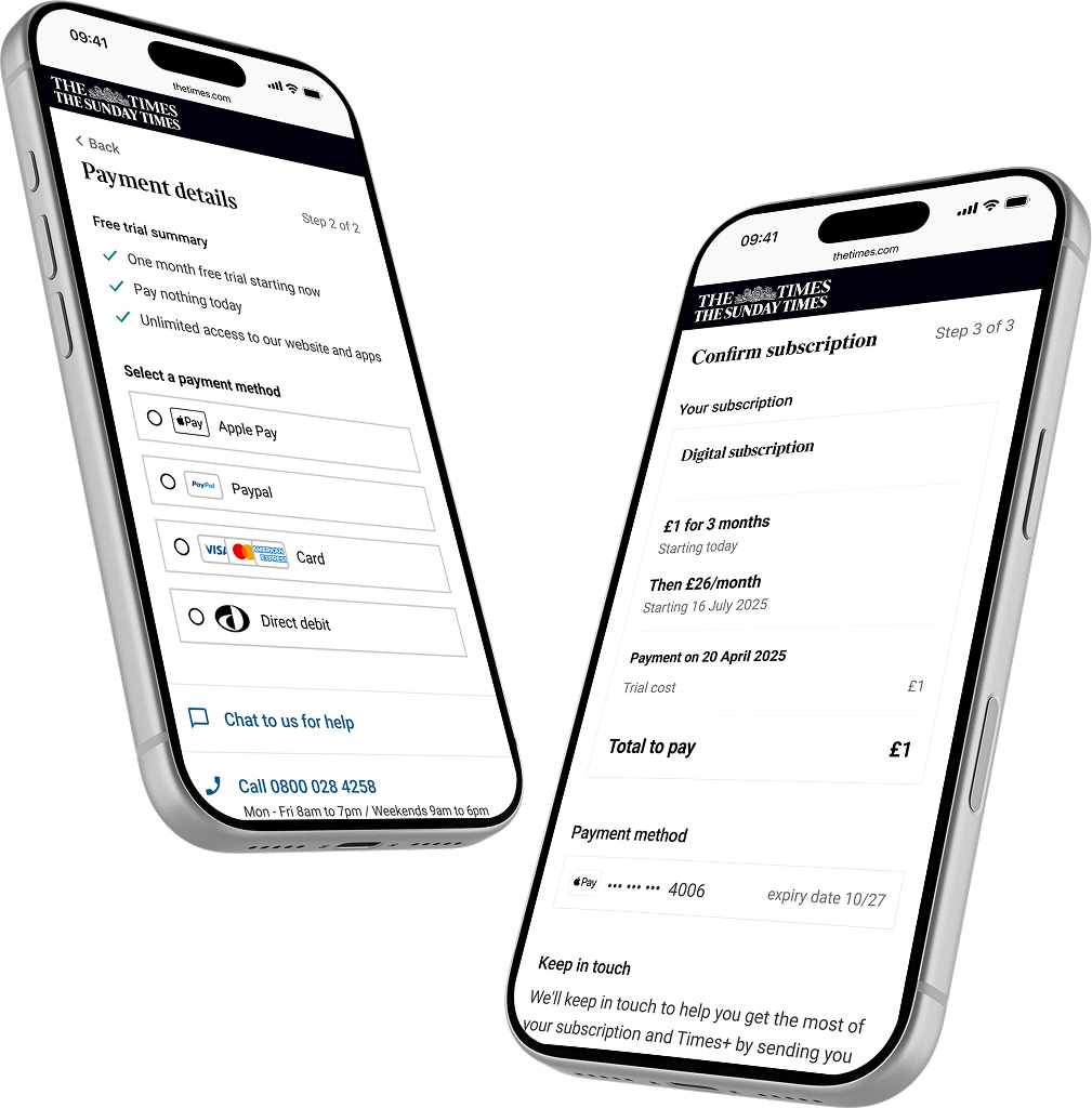 Two screens from the redesigned Times checkout: payment method selection and subscription confirmation
